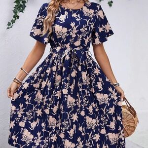 Floral Print Belted A Line Vintage Dress